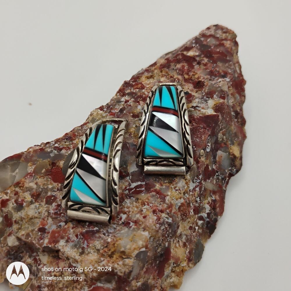 Native Sterling Silver Watch Tips Inlaid With Turquoise MOP Onyx and Coral